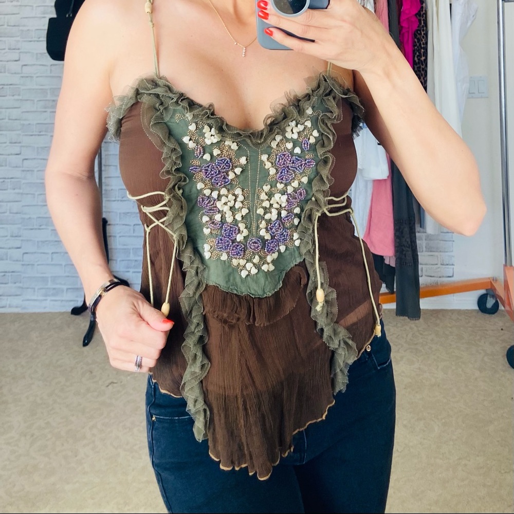Boho hand crafted brown top size Small - Picture 2 of 15